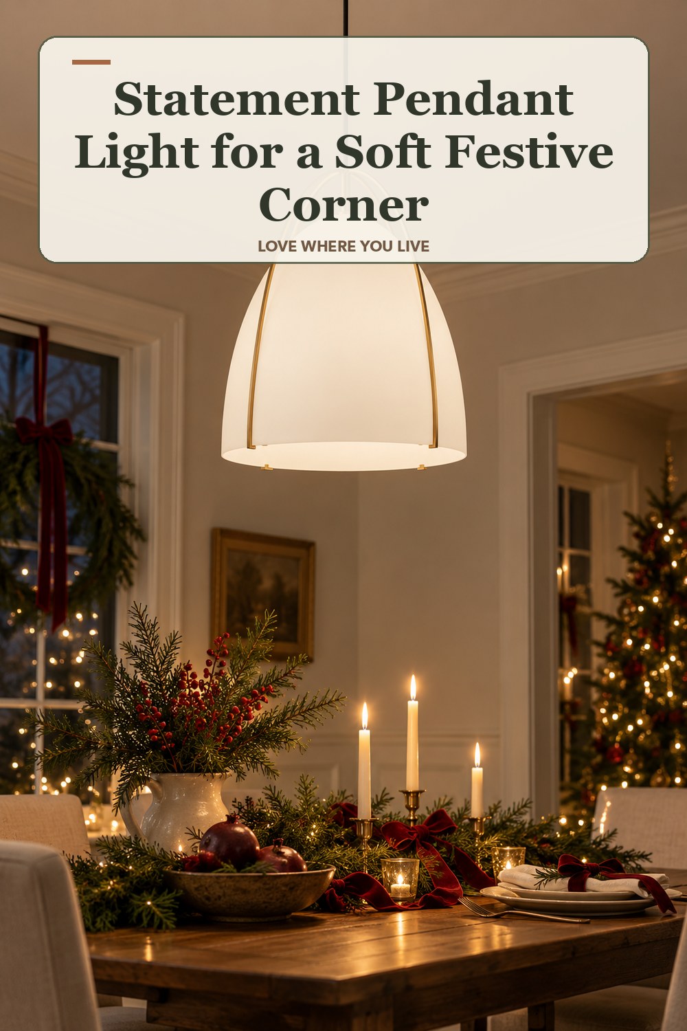 Lived-in christmas room with a statement pendant light and the headline: Statement Pendant Light for a Soft Festive Corner.
