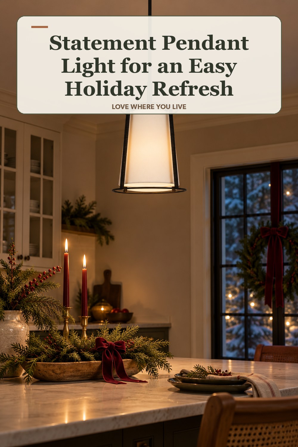 Lived-in christmas room with a statement pendant light and the headline: Statement Pendant Light for an Easy Holiday Refresh.