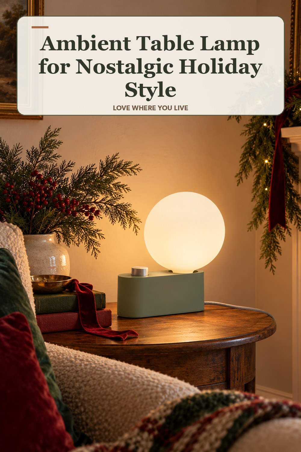 Lived-in christmas room with a ambient table lamp and the headline: Ambient Table Lamp for Nostalgic Holiday Style.