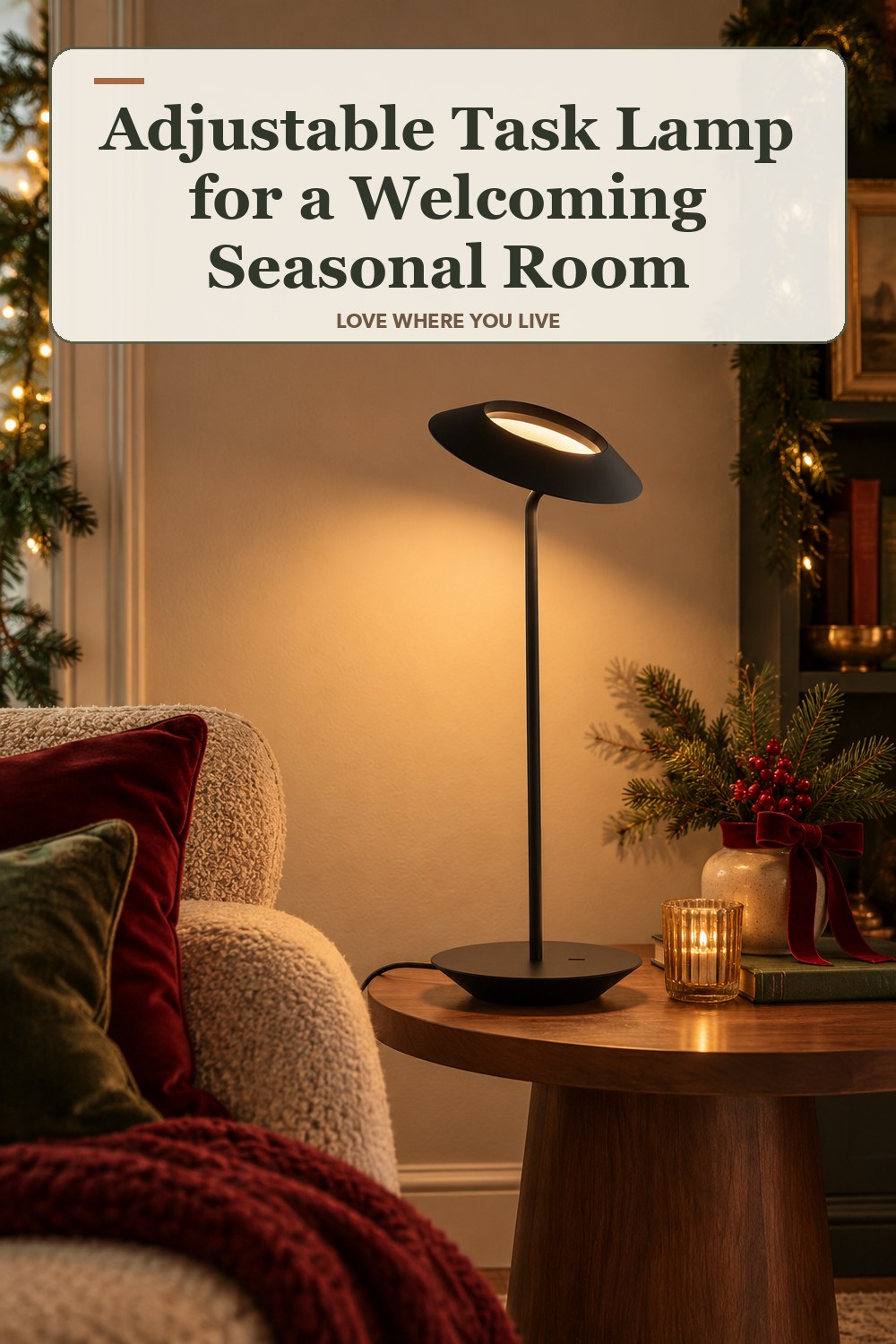 Lived-in christmas room with a adjustable task lamp and the headline: Adjustable Task Lamp for a Welcoming Seasonal Room.