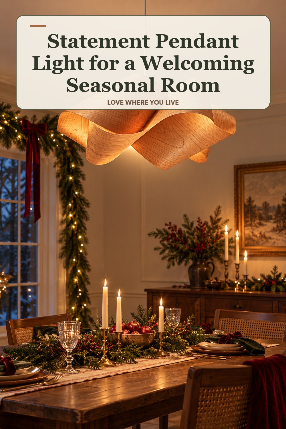Lived-in christmas room with a statement pendant light and the headline: Statement Pendant Light for a Welcoming Seasonal Room.
