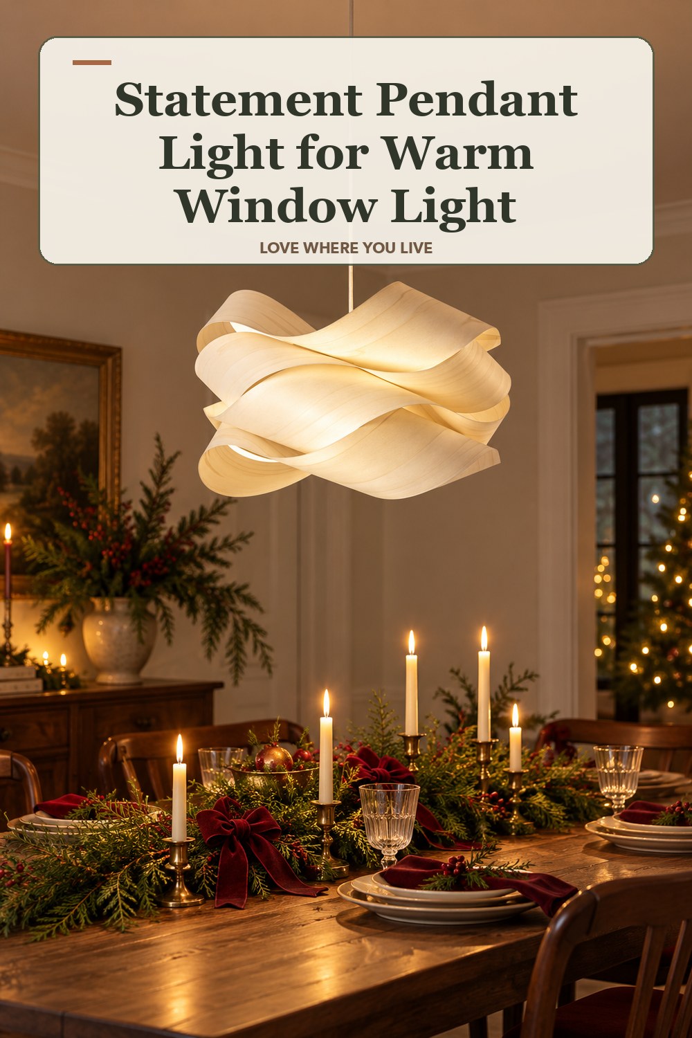 Lived-in christmas room with a statement pendant light and the headline: Statement Pendant Light for Warm Window Light.