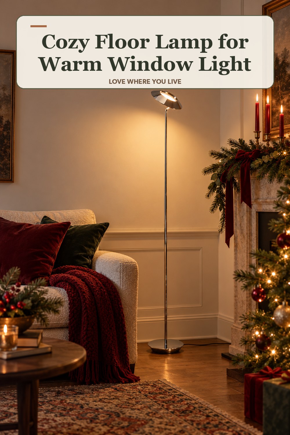 Lived-in christmas room with a cozy floor lamp and the headline: Cozy Floor Lamp for Warm Window Light.