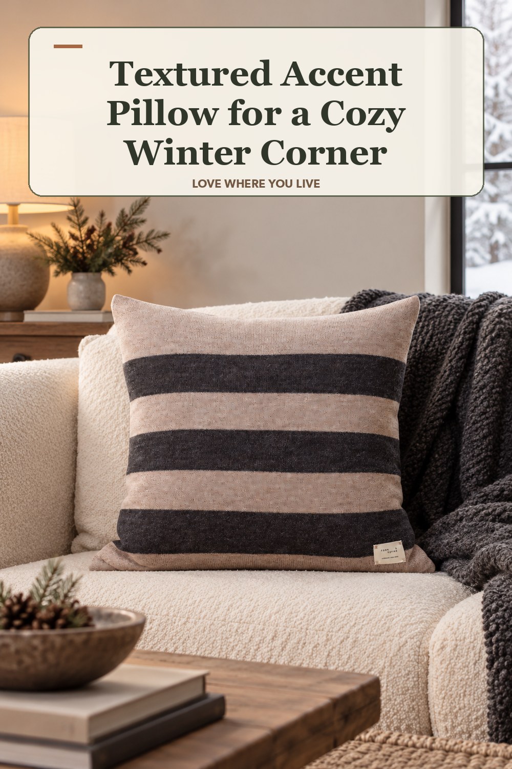 Lived-in winter room with a textured accent pillow and the headline: Textured Accent Pillow for a Cozy Winter Corner.