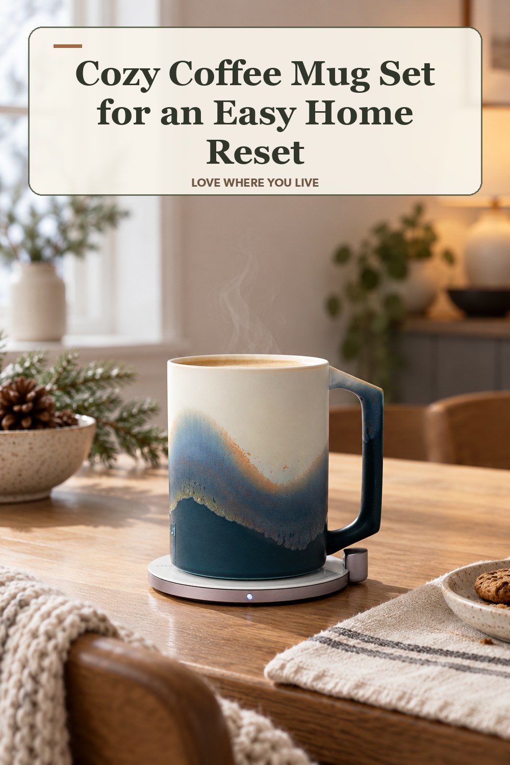 Lived-in winter room with a cozy coffee mug set and the headline: Cozy Coffee Mug Set for an Easy Home Reset.