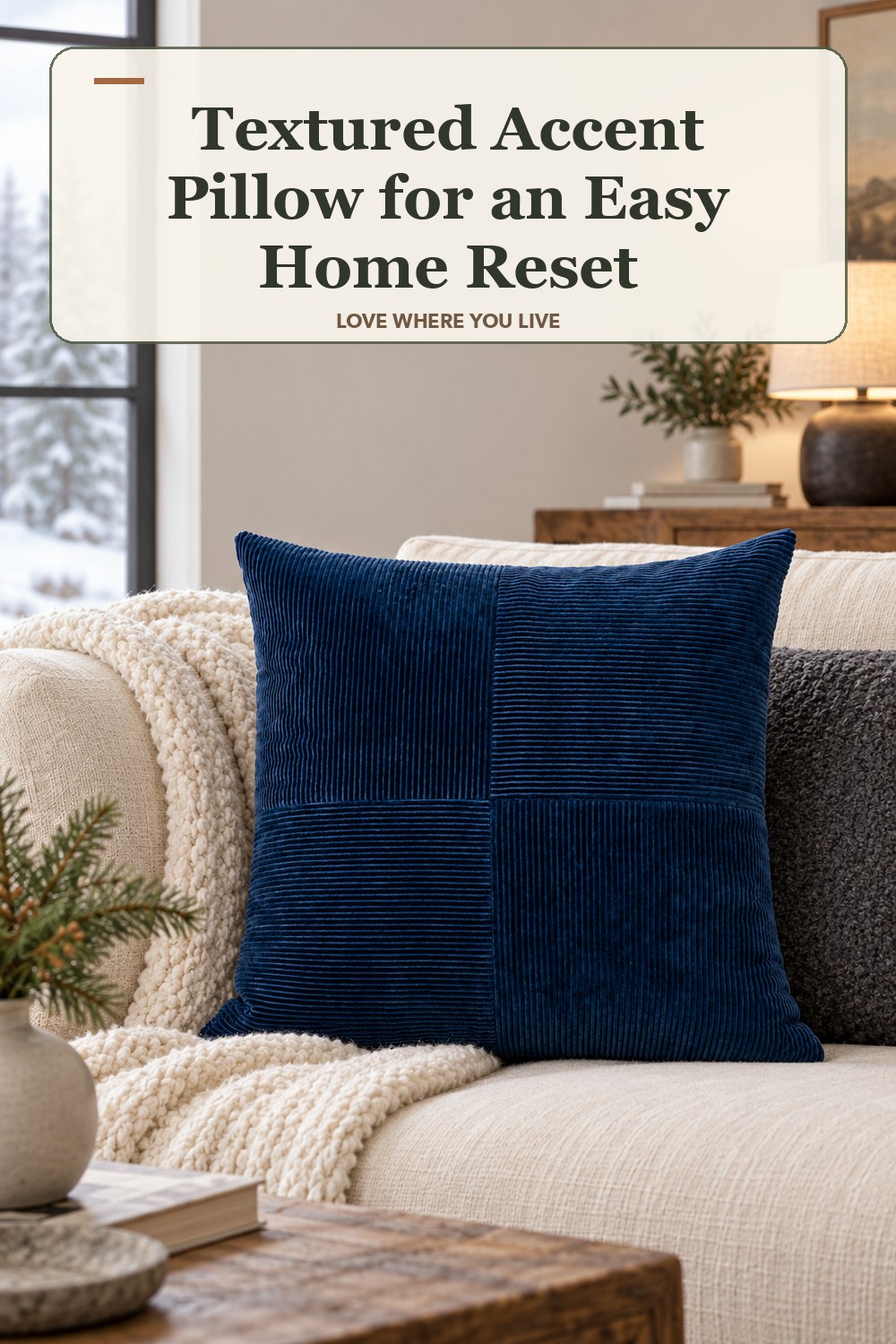 Lived-in winter room with a textured accent pillow and the headline: Textured Accent Pillow for an Easy Home Reset.