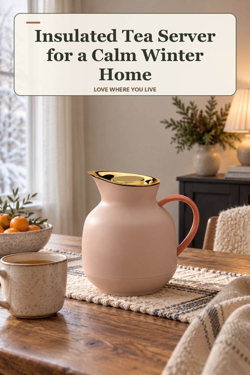 Lived-in winter room with a insulated tea server and the headline: Insulated Tea Server for a Calm Winter Home.