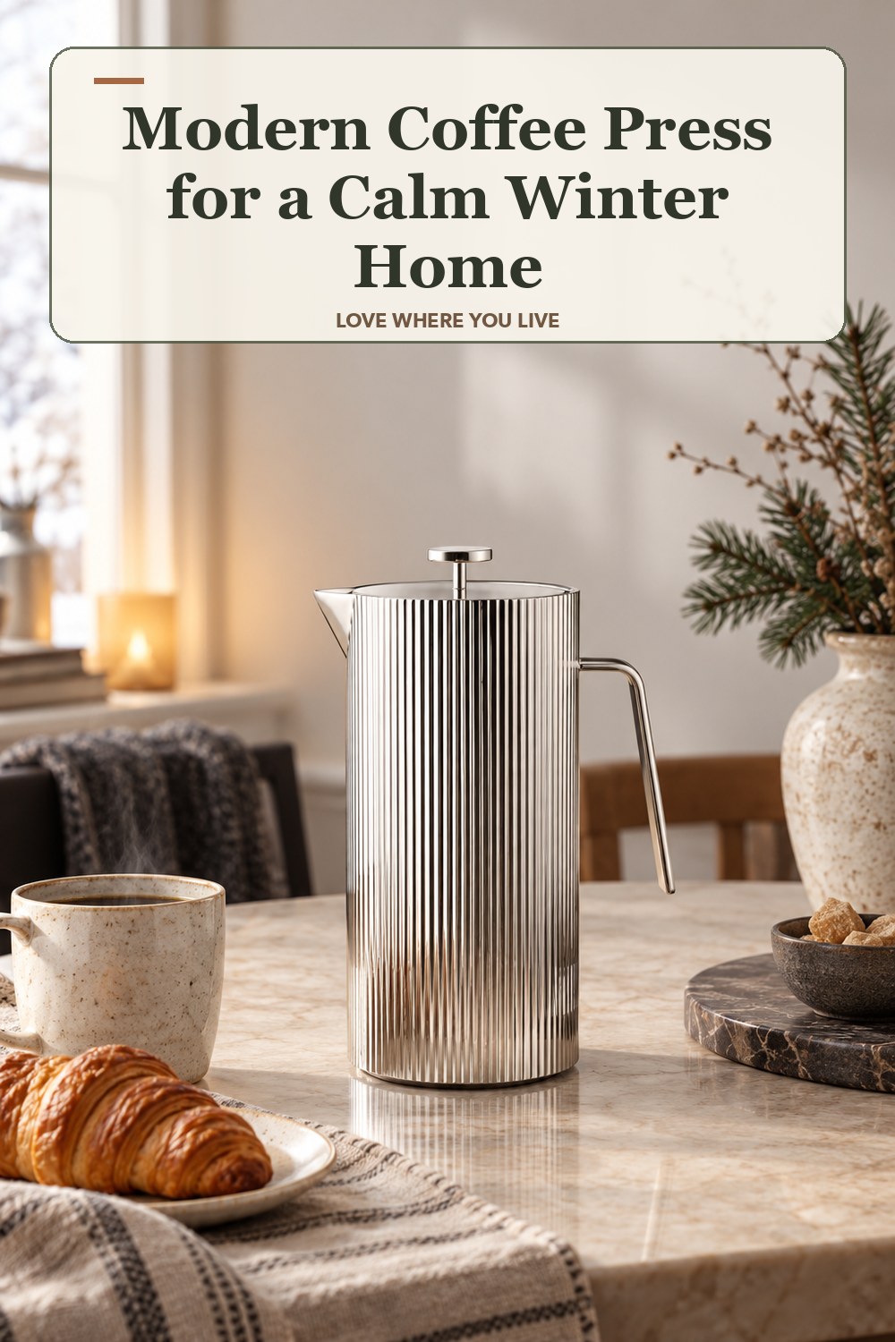 Lived-in winter room with a modern coffee press and the headline: Modern Coffee Press for a Calm Winter Home.