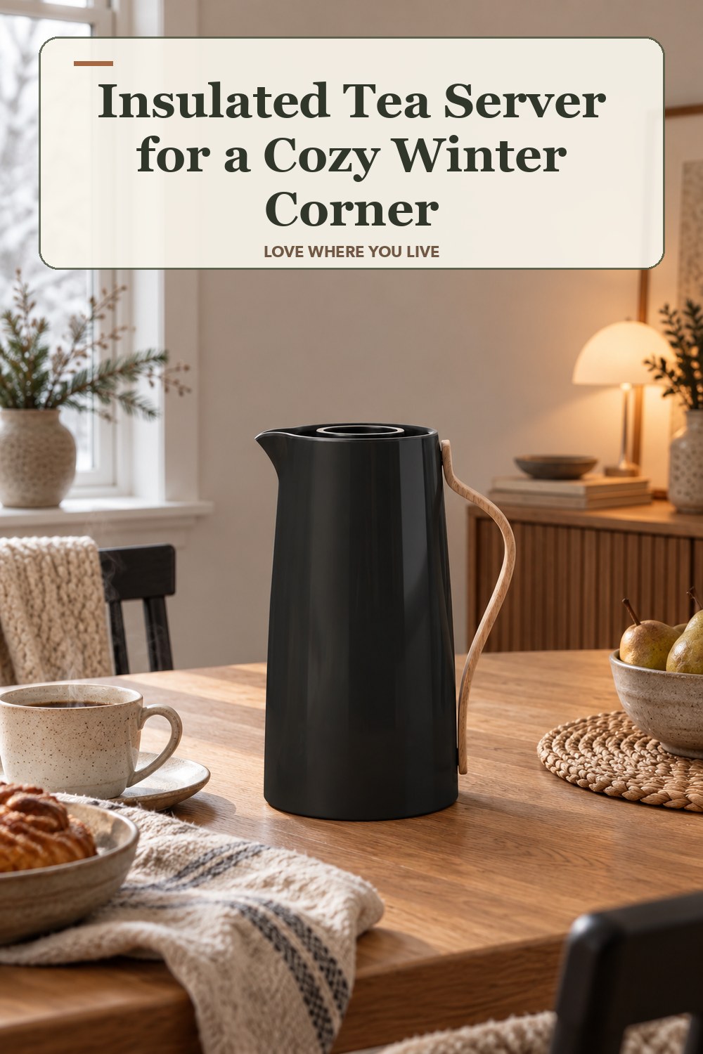 Lived-in winter room with a insulated tea server and the headline: Insulated Tea Server for a Cozy Winter Corner.
