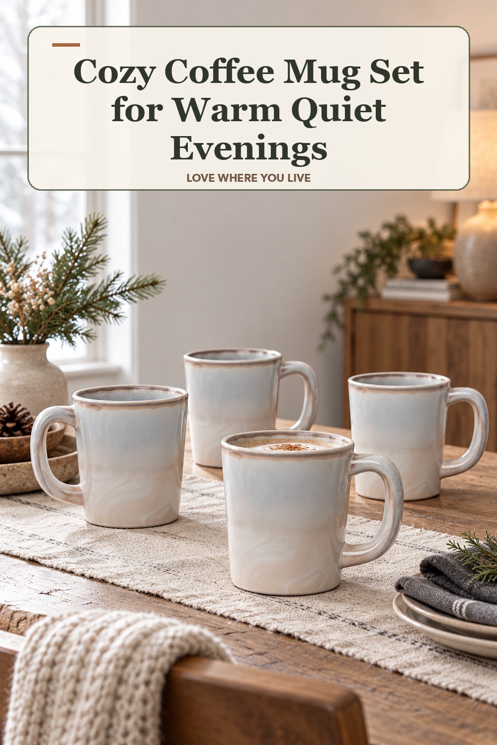 Lived-in winter room with a cozy coffee mug set and the headline: Cozy Coffee Mug Set for Warm Quiet Evenings.