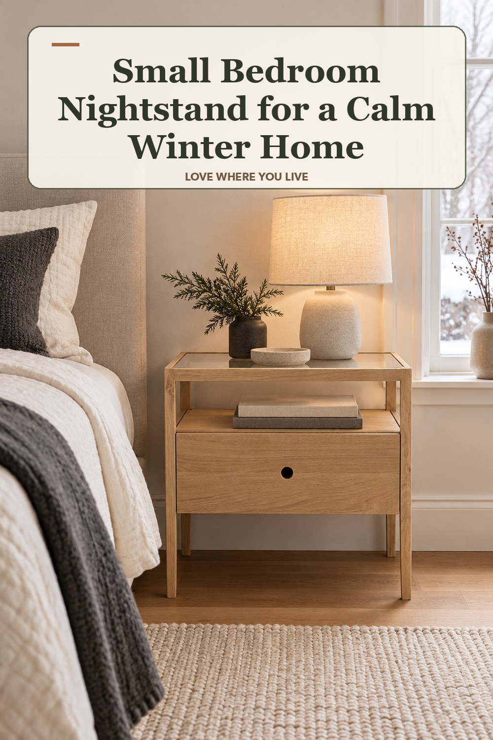 Lived-in winter room with a small bedroom nightstand and the headline: Small Bedroom Nightstand for a Calm Winter Home.