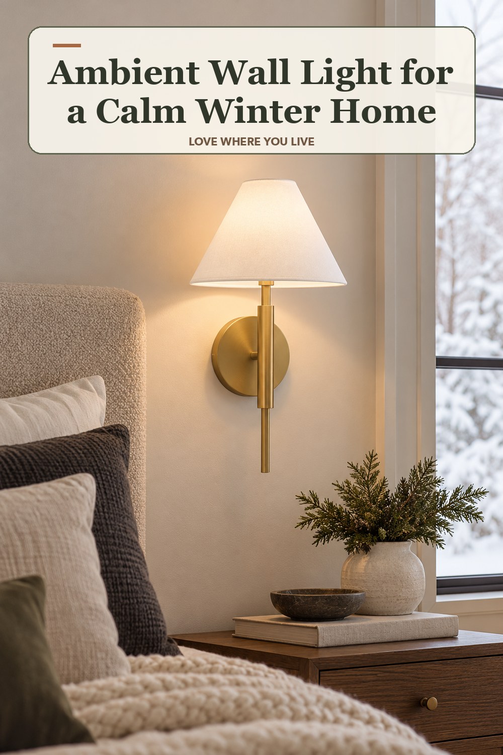Lived-in winter room with a ambient wall light and the headline: Ambient Wall Light for a Calm Winter Home.