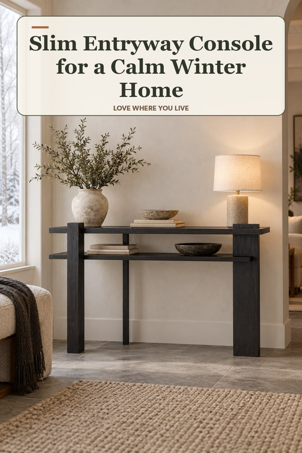Lived-in winter room with a slim entryway console and the headline: Slim Entryway Console for a Calm Winter Home.
