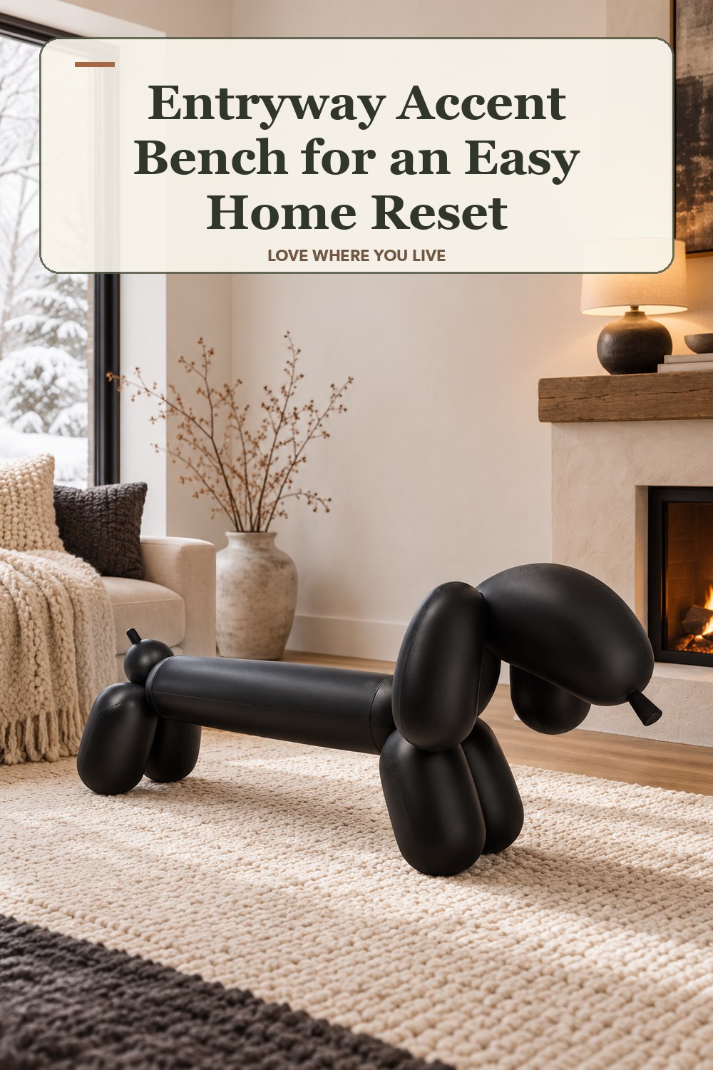 Lived-in winter room with a entryway accent bench and the headline: Entryway Accent Bench for an Easy Home Reset.