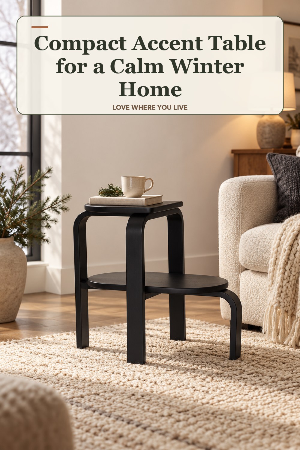 Lived-in winter room with a compact accent table and the headline: Compact Accent Table for a Calm Winter Home.