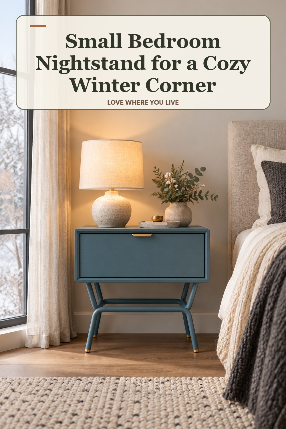 Lived-in winter room with a small bedroom nightstand and the headline: Small Bedroom Nightstand for a Cozy Winter Corner.
