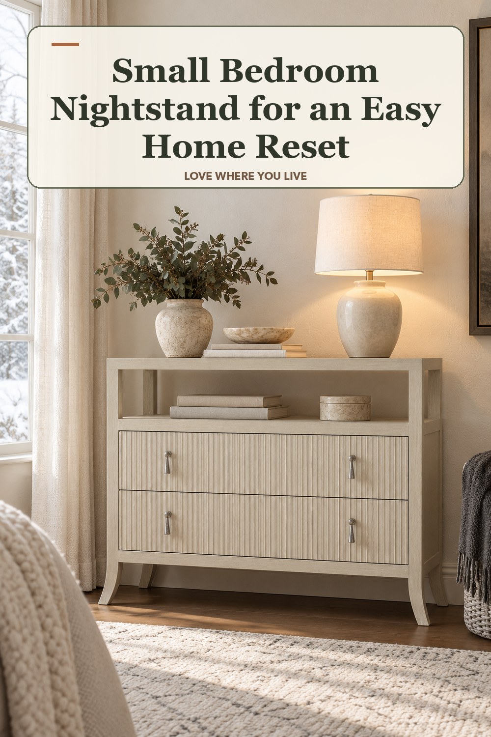 Lived-in winter room with a small bedroom nightstand and the headline: Small Bedroom Nightstand for an Easy Home Reset.