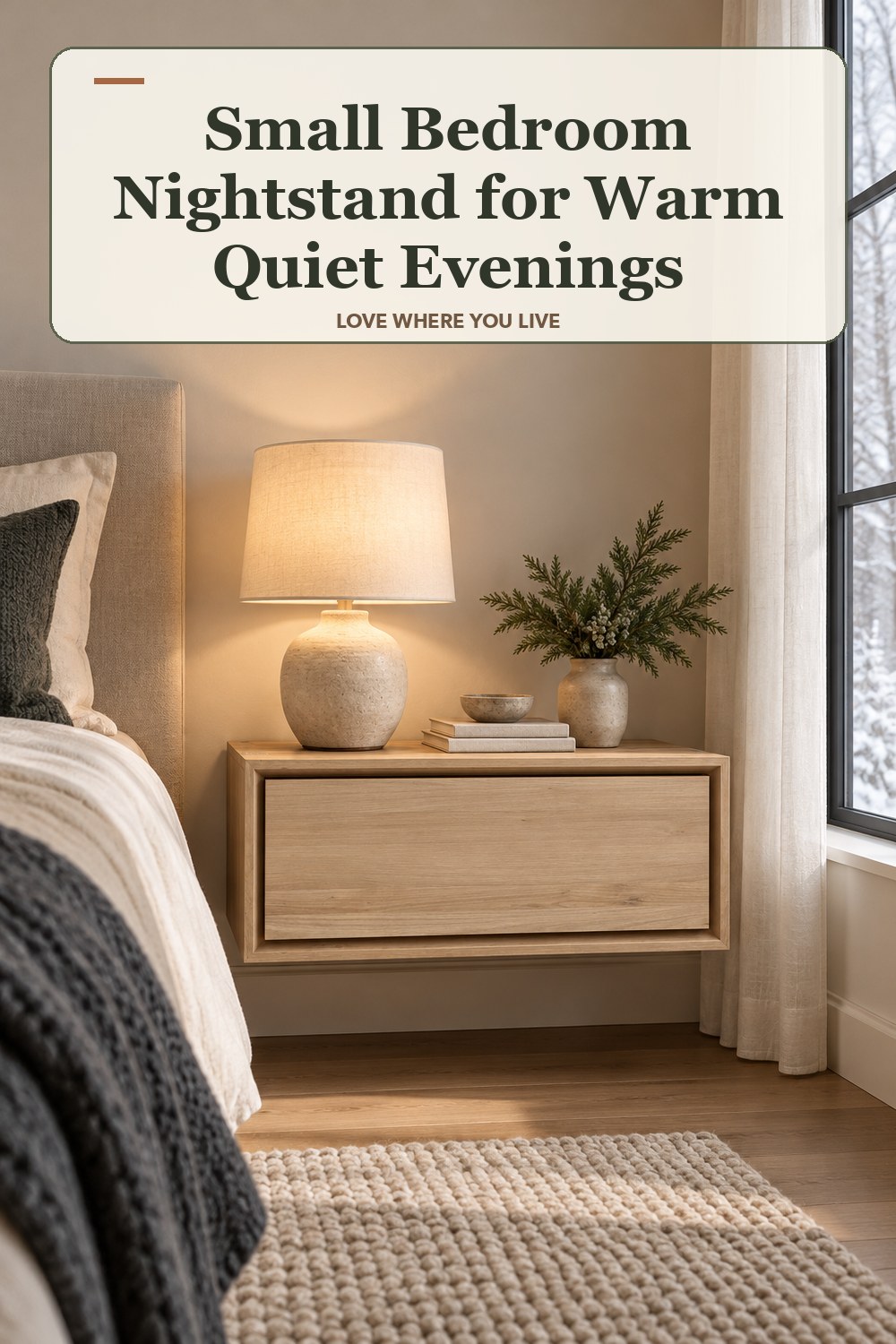 Lived-in winter room with a small bedroom nightstand and the headline: Small Bedroom Nightstand for Warm Quiet Evenings.