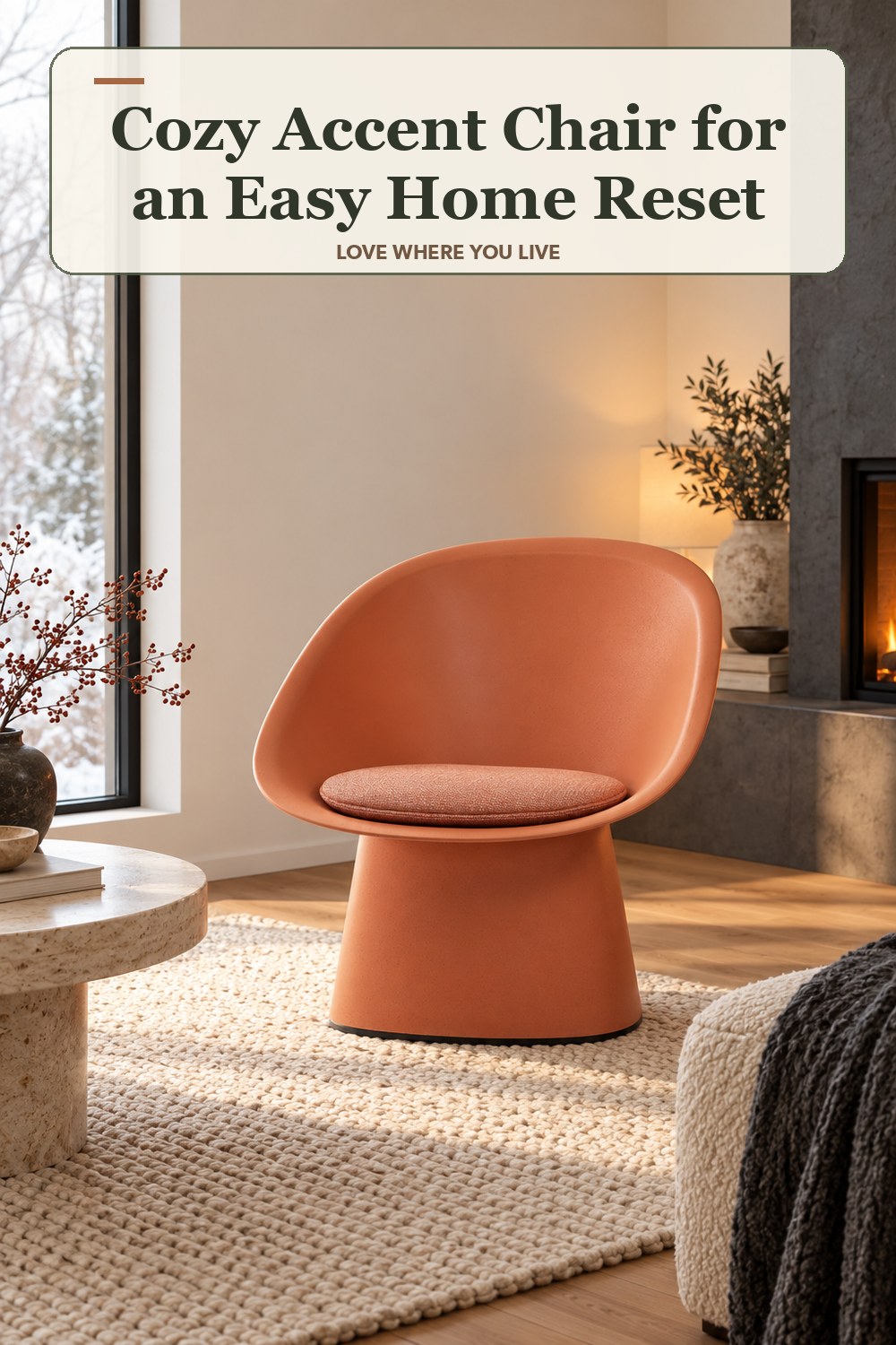 Lived-in winter room with a cozy accent chair and the headline: Cozy Accent Chair for an Easy Home Reset.