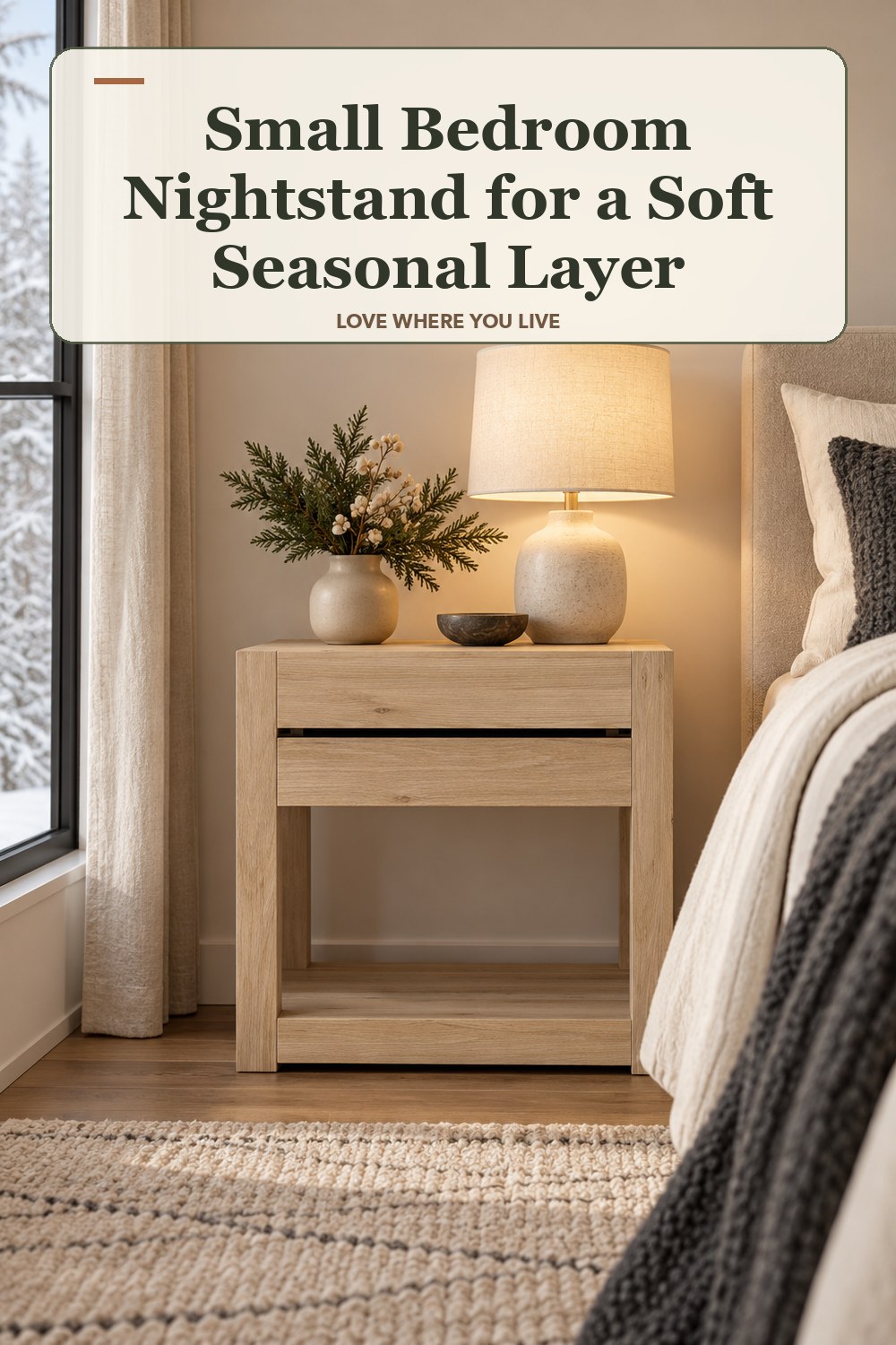 Lived-in winter room with a small bedroom nightstand and the headline: Small Bedroom Nightstand for a Soft Seasonal Layer.