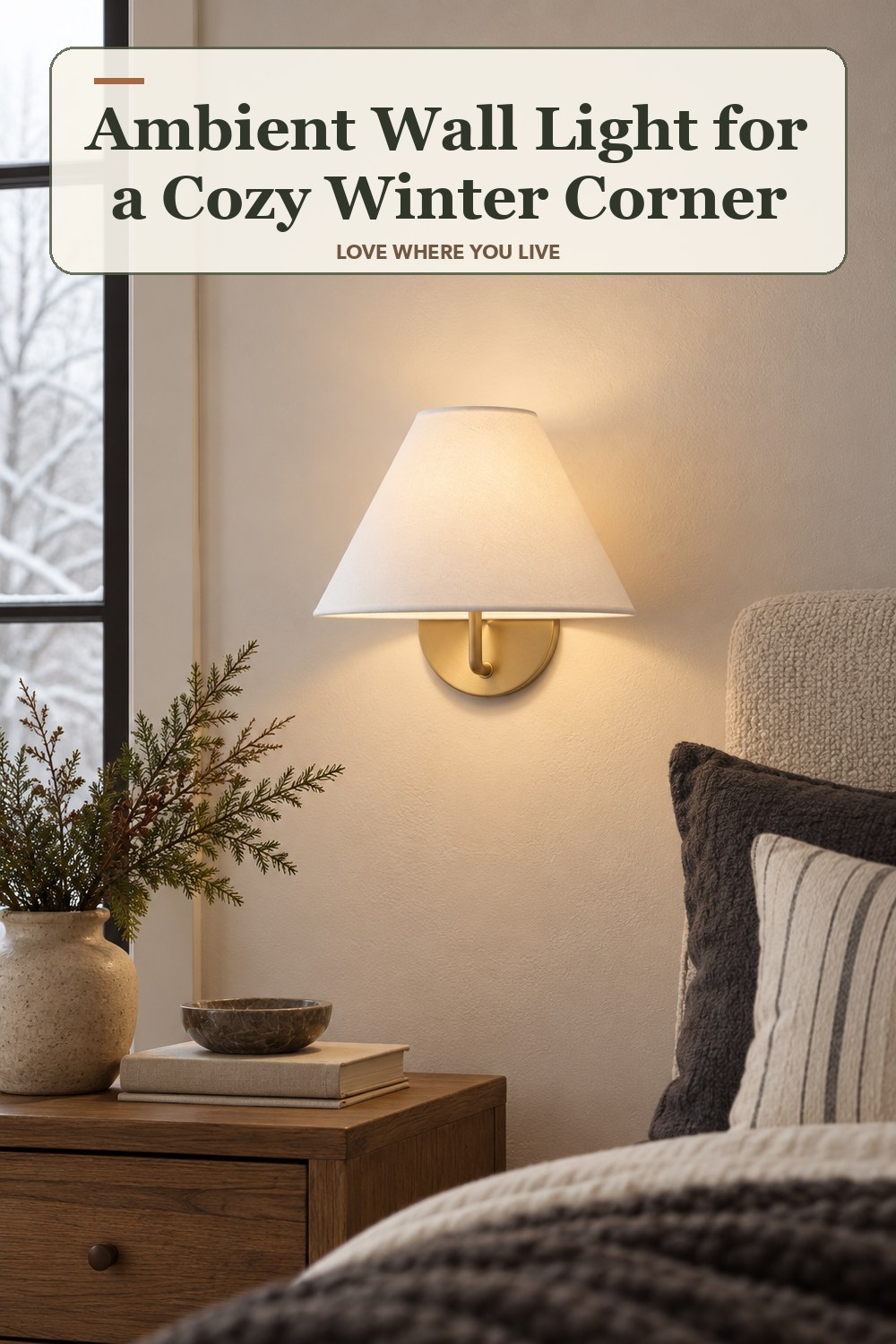 Lived-in winter room with a ambient wall light and the headline: Ambient Wall Light for a Cozy Winter Corner.