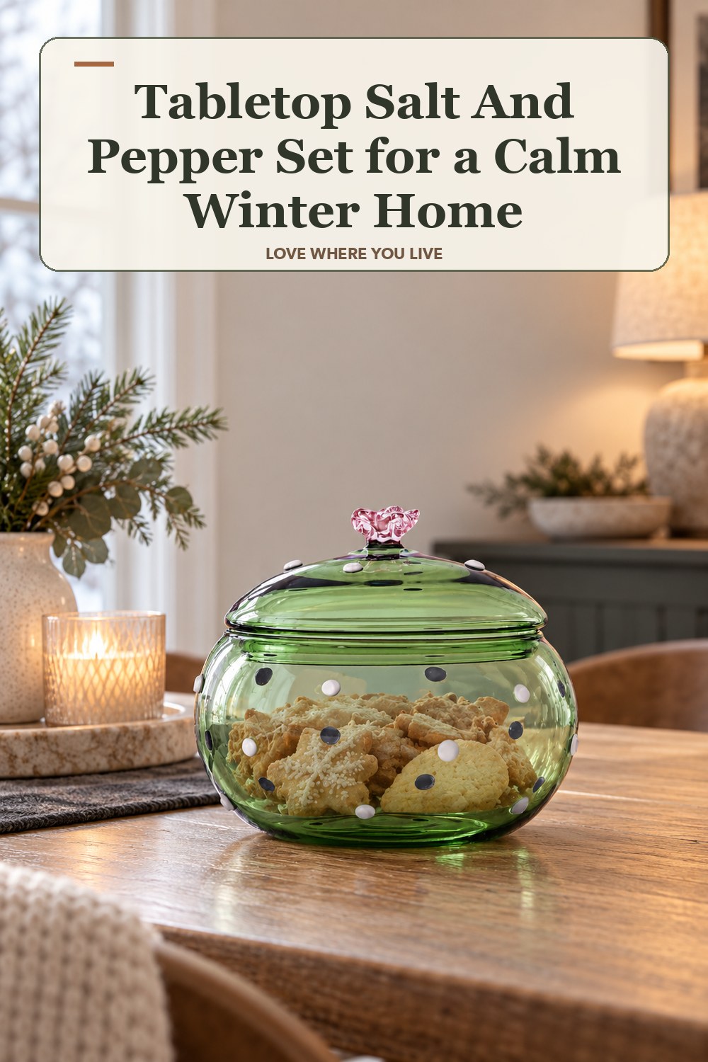 Lived-in winter room with a tabletop salt and pepper set and the headline: Tabletop Salt And Pepper Set for a Calm Winter Home.