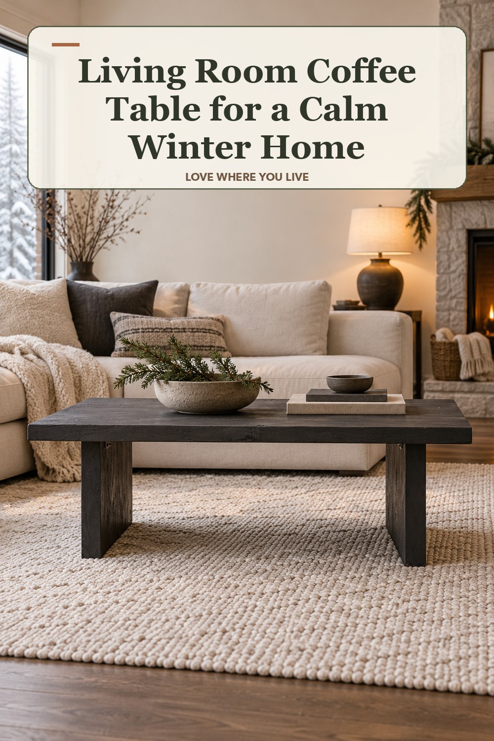 Lived-in winter room with a living room coffee table and the headline: Living Room Coffee Table for a Calm Winter Home.