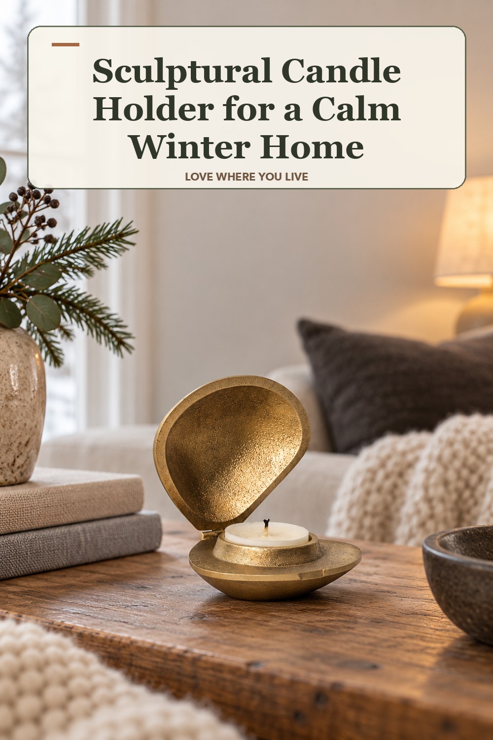 Lived-in winter room with a sculptural candle holder and the headline: Sculptural Candle Holder for a Calm Winter Home.