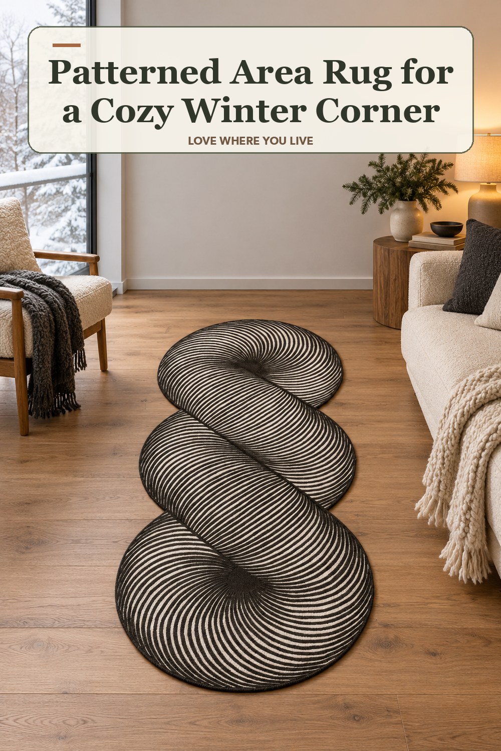 Lived-in winter room with a patterned area rug and the headline: Patterned Area Rug for a Cozy Winter Corner.