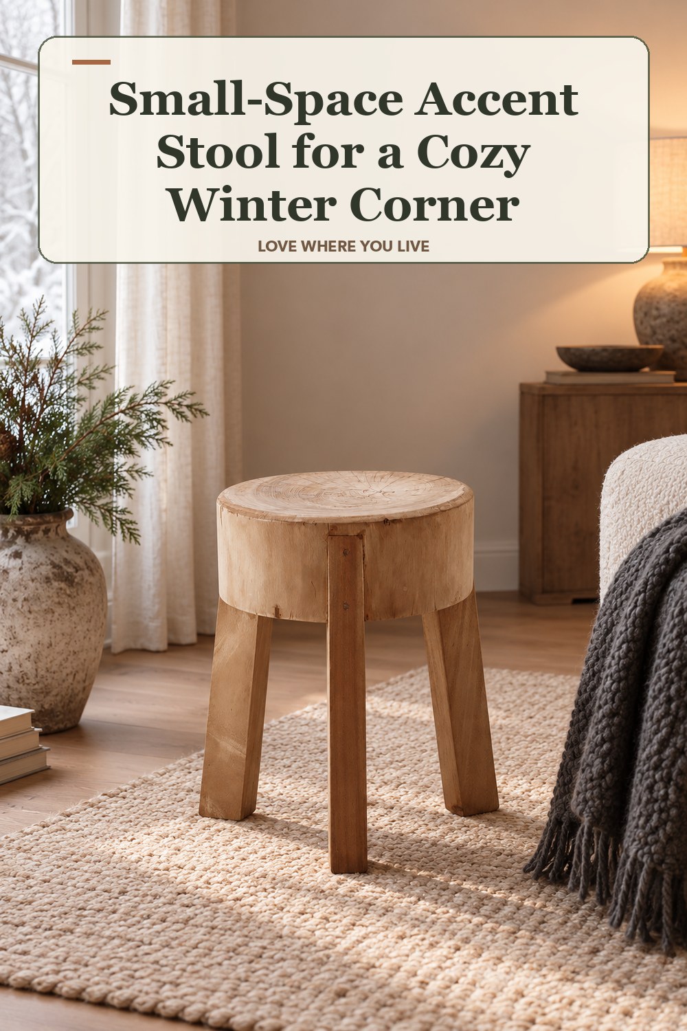 Lived-in winter room with a small-space accent stool and the headline: Small-Space Accent Stool for a Cozy Winter Corner.