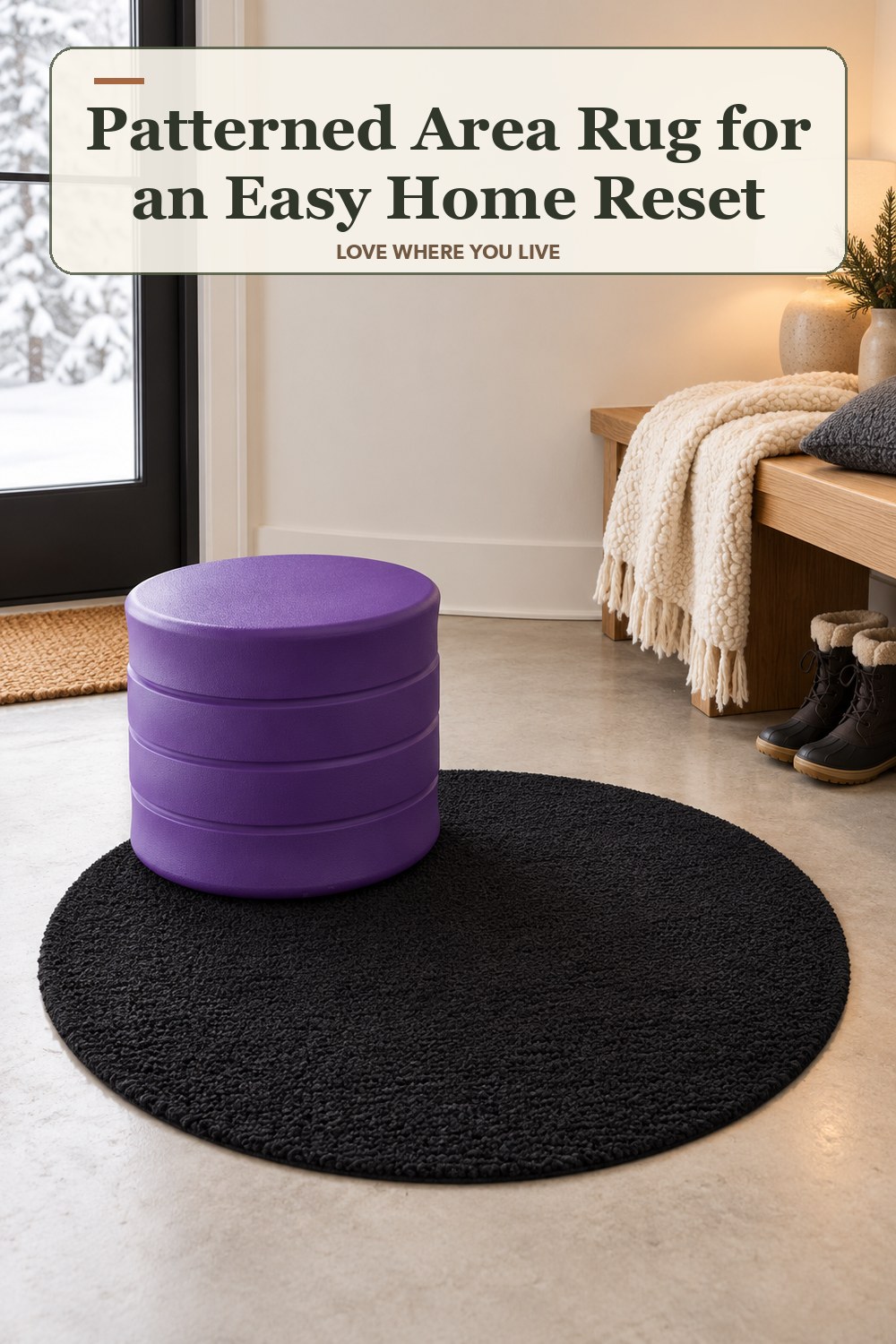 Lived-in winter room with a patterned area rug and the headline: Patterned Area Rug for an Easy Home Reset.