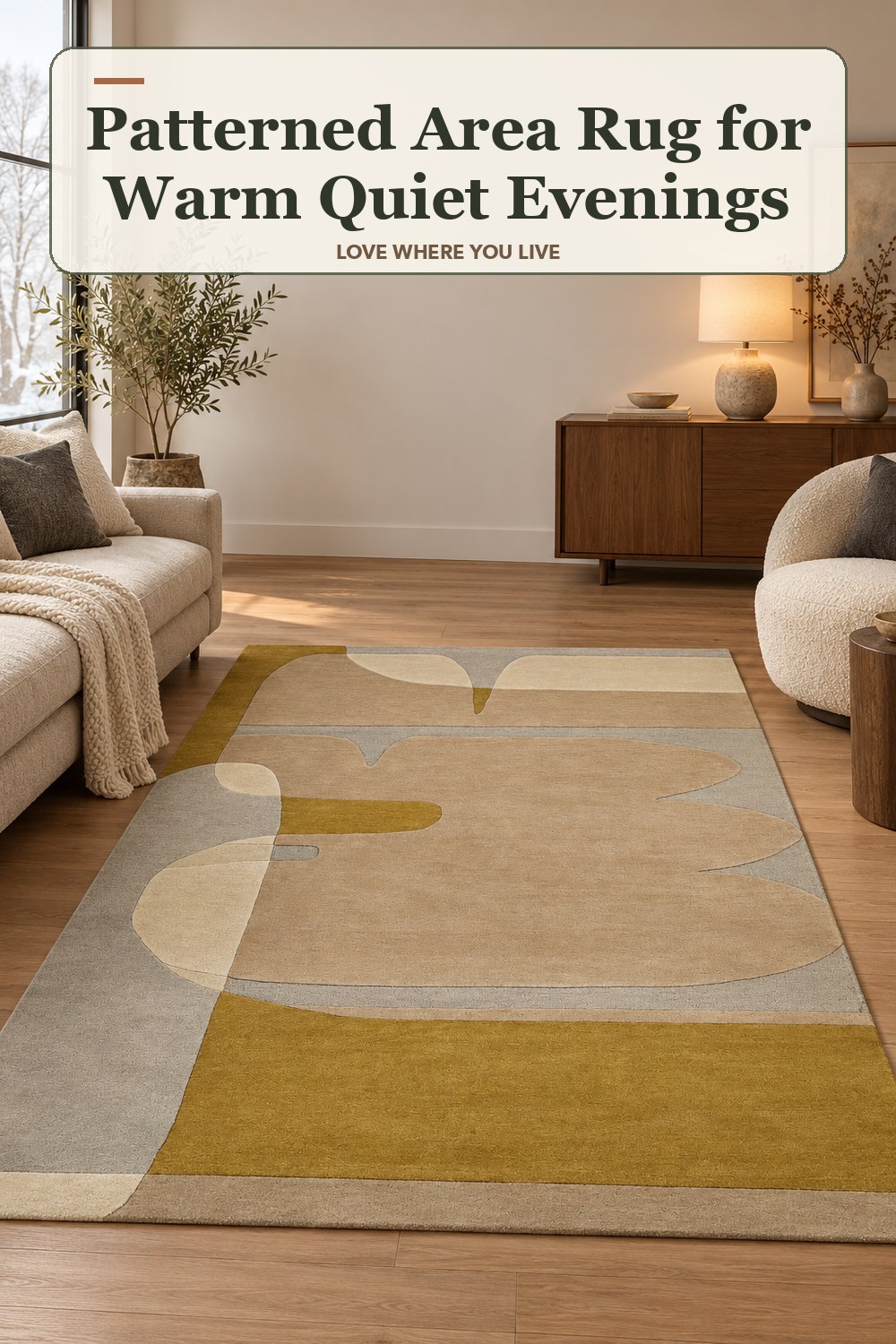 Lived-in winter room with a patterned area rug and the headline: Patterned Area Rug for Warm Quiet Evenings.