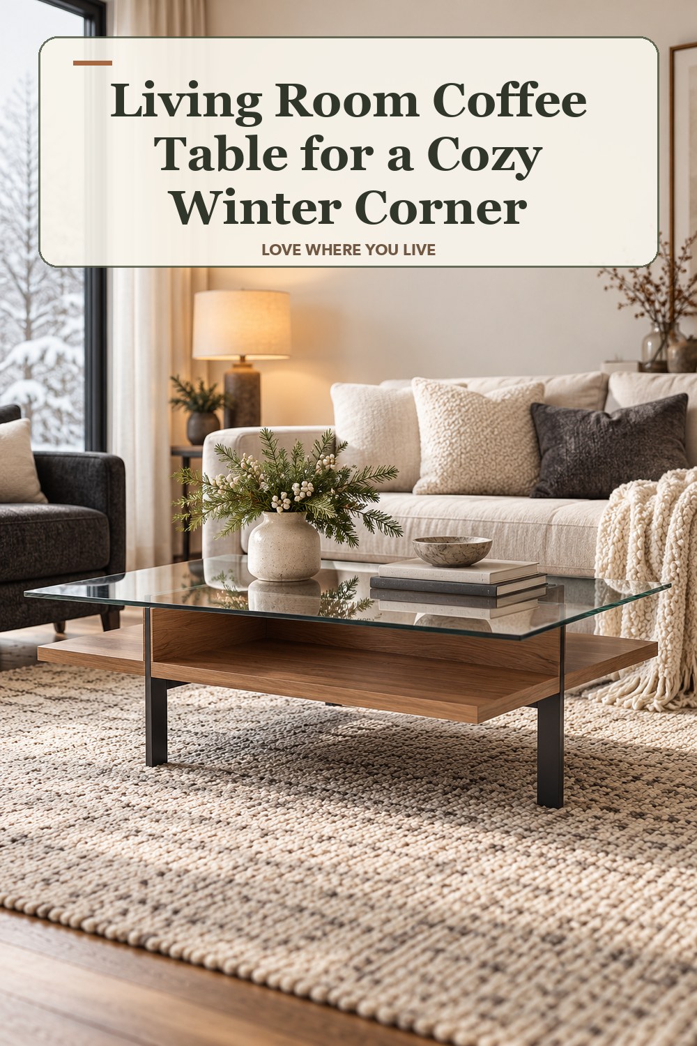 Lived-in winter room with a living room coffee table and the headline: Living Room Coffee Table for a Cozy Winter Corner.