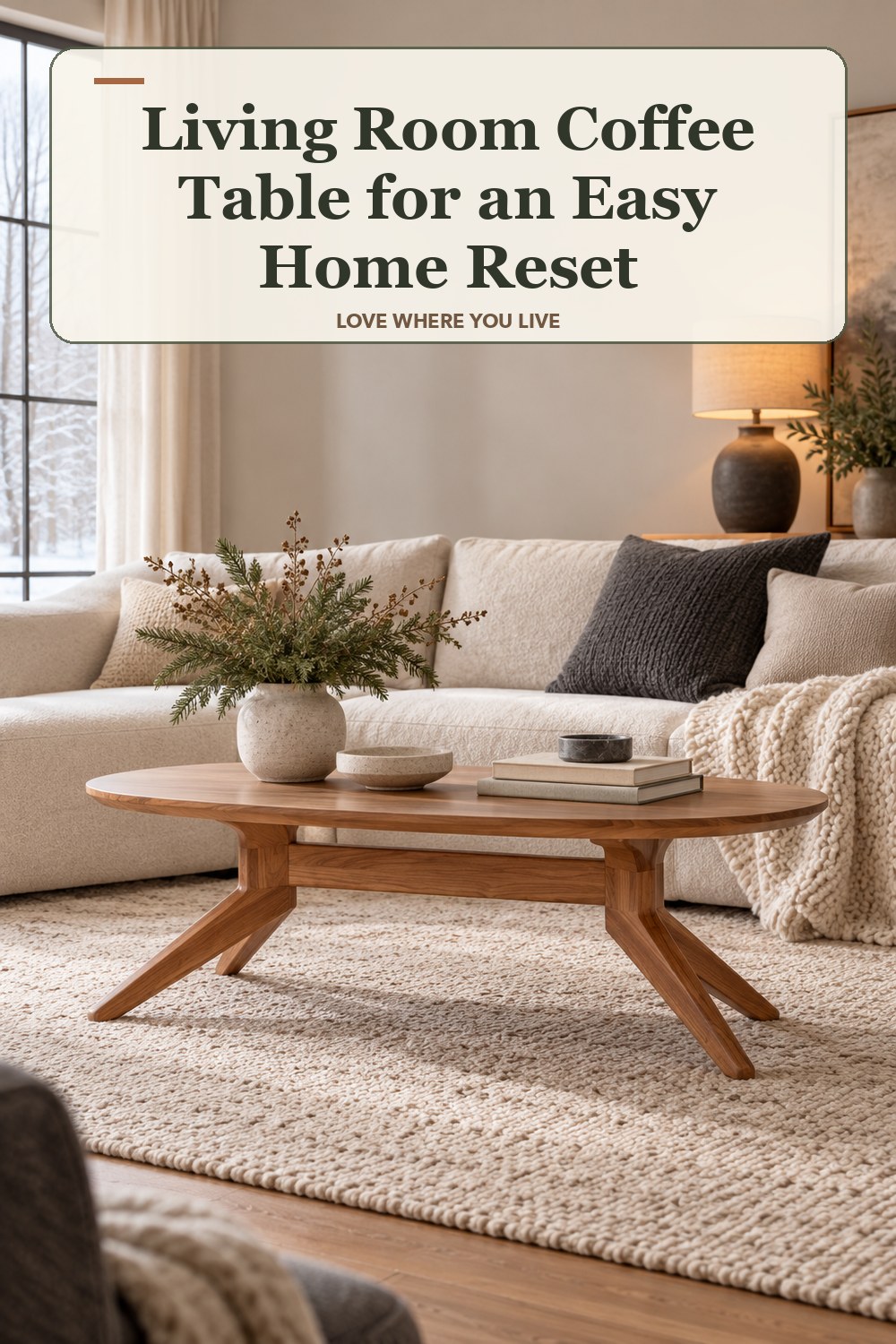 Lived-in winter room with a living room coffee table and the headline: Living Room Coffee Table for an Easy Home Reset.