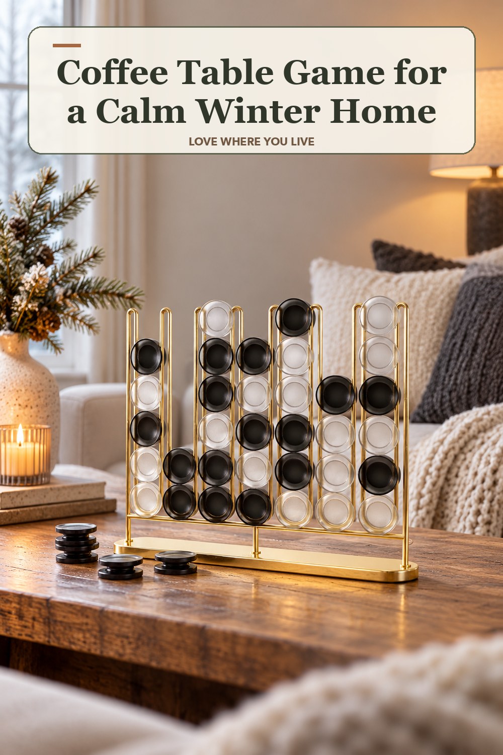 Lived-in winter room with a coffee table game and the headline: Coffee Table Game for a Calm Winter Home.