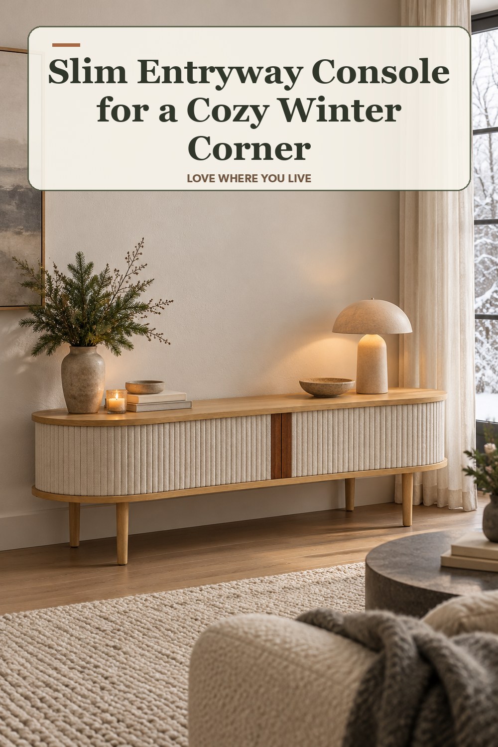 Lived-in winter room with a slim entryway console and the headline: Slim Entryway Console for a Cozy Winter Corner.