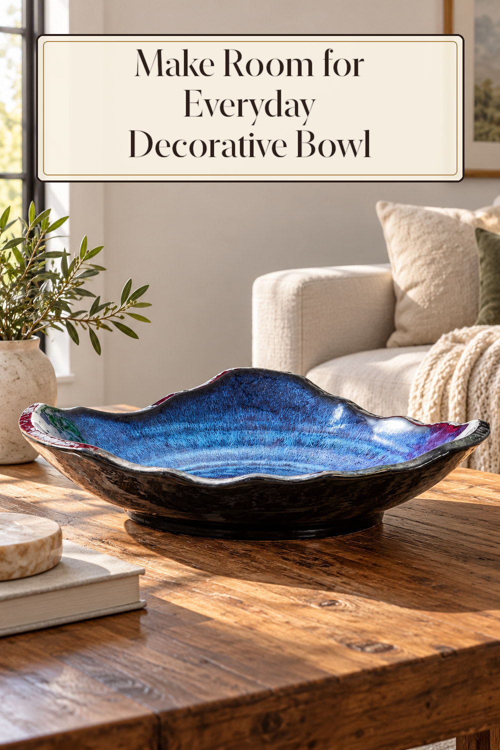 A realistic decorative bowl used naturally in a softly lit living room or entryway at home.