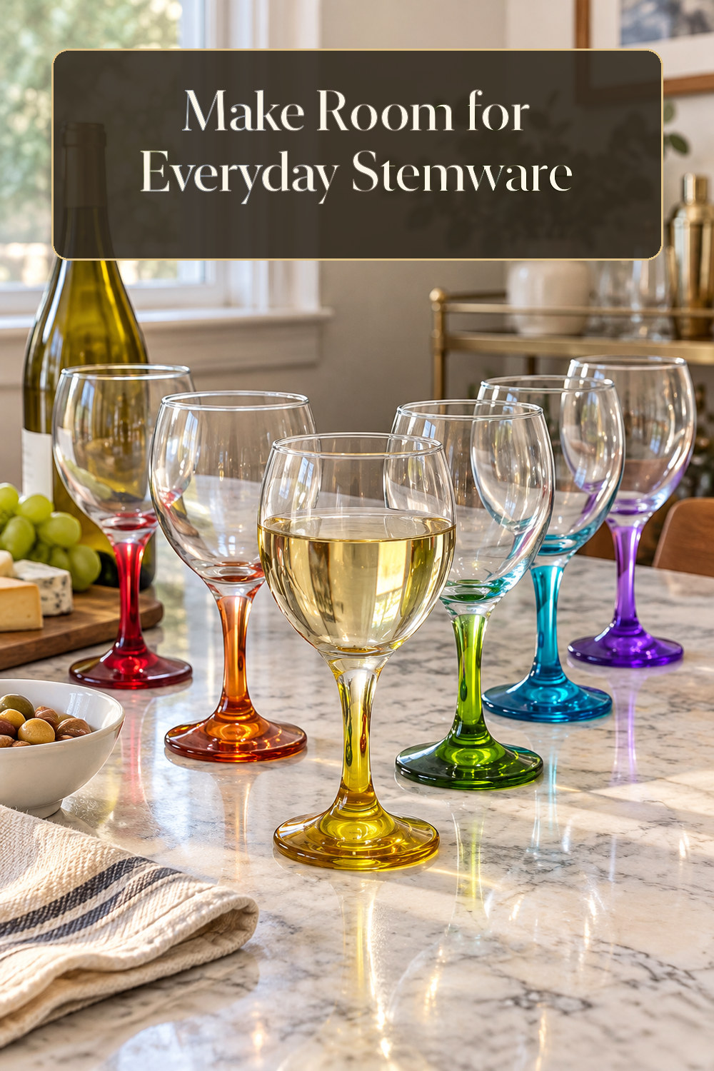 A realistic stemware used naturally in a softly lit home bar at home.