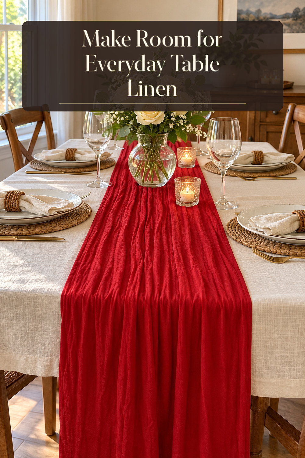 A realistic table linen used naturally in a softly lit dining room at home.