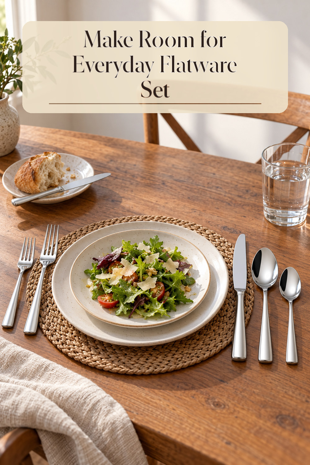 A realistic flatware set used naturally in a softly lit dining area at home.