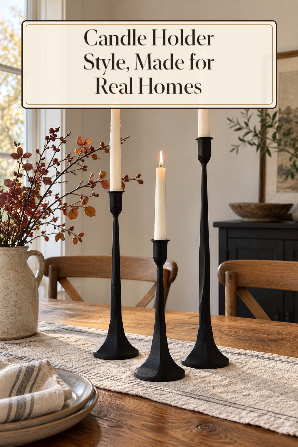 A realistic candle holder used naturally in a softly lit dining room at home.