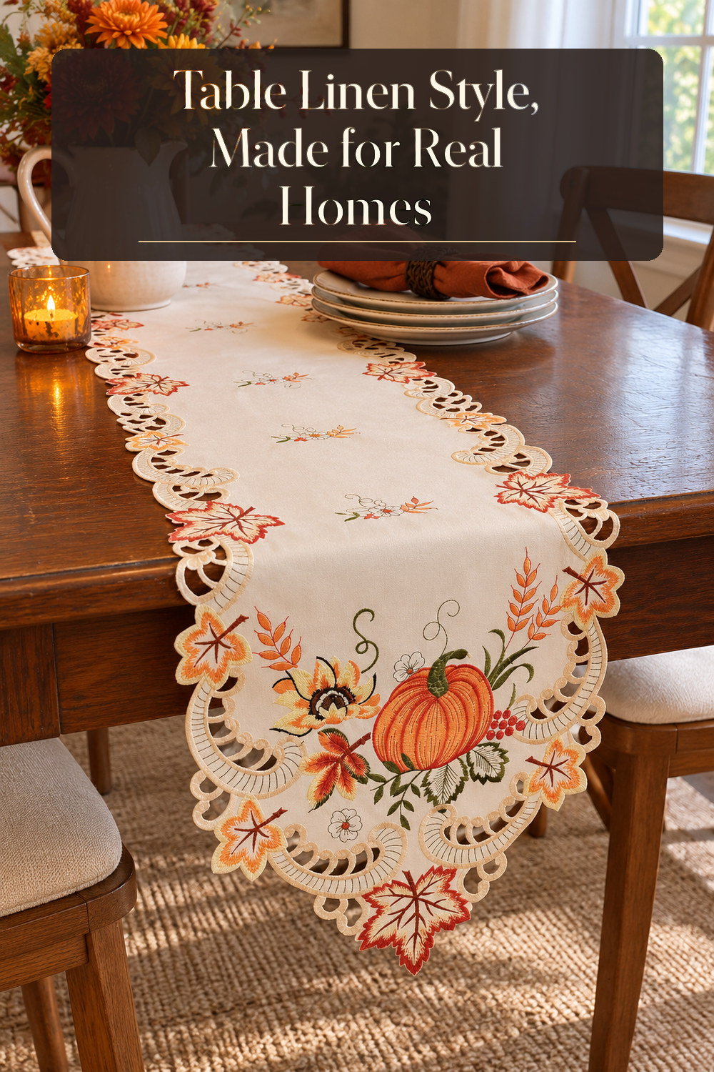A realistic table linen used naturally in a softly lit dining room at home.