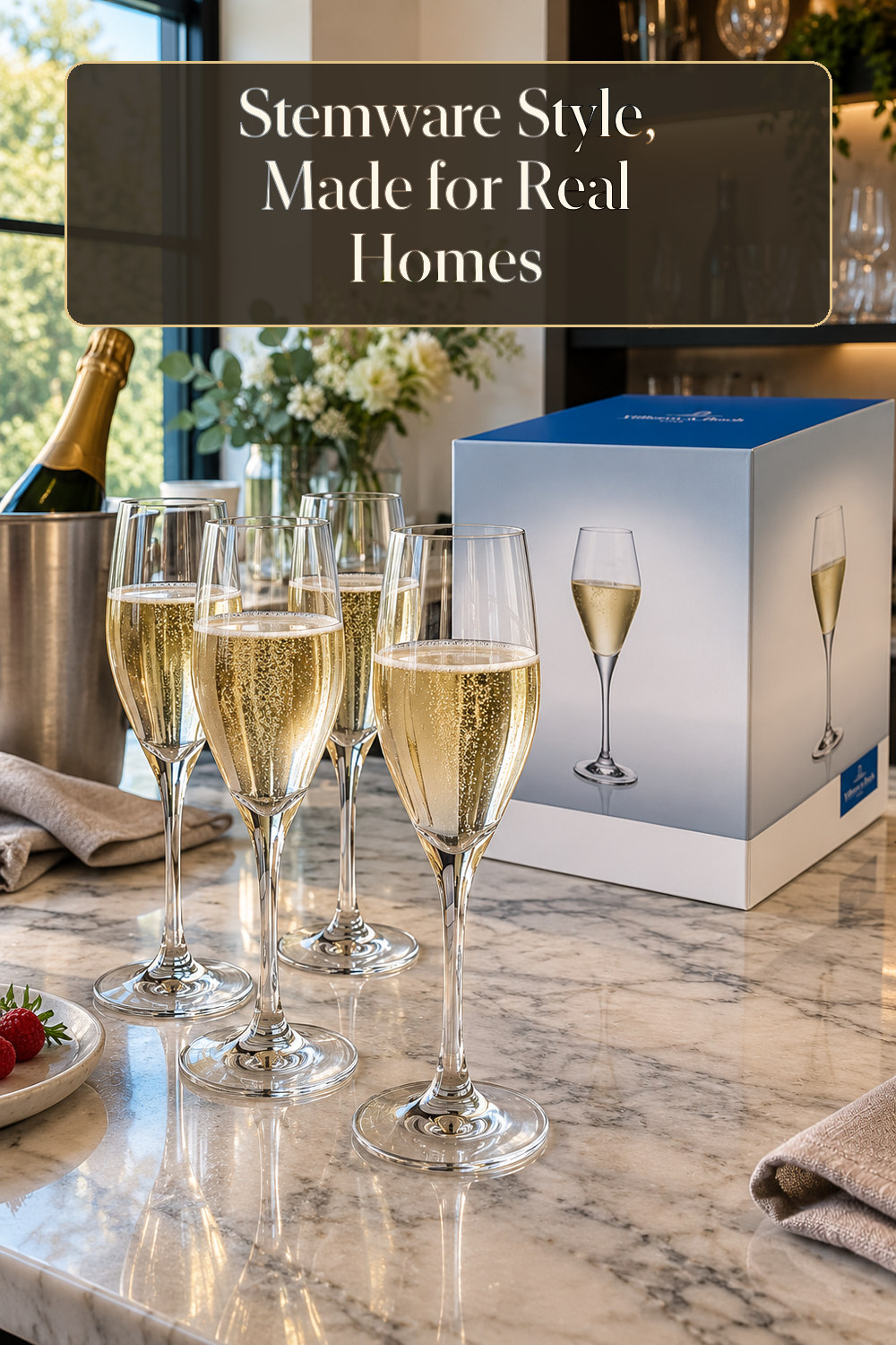 A realistic stemware used naturally in a softly lit home bar at home.