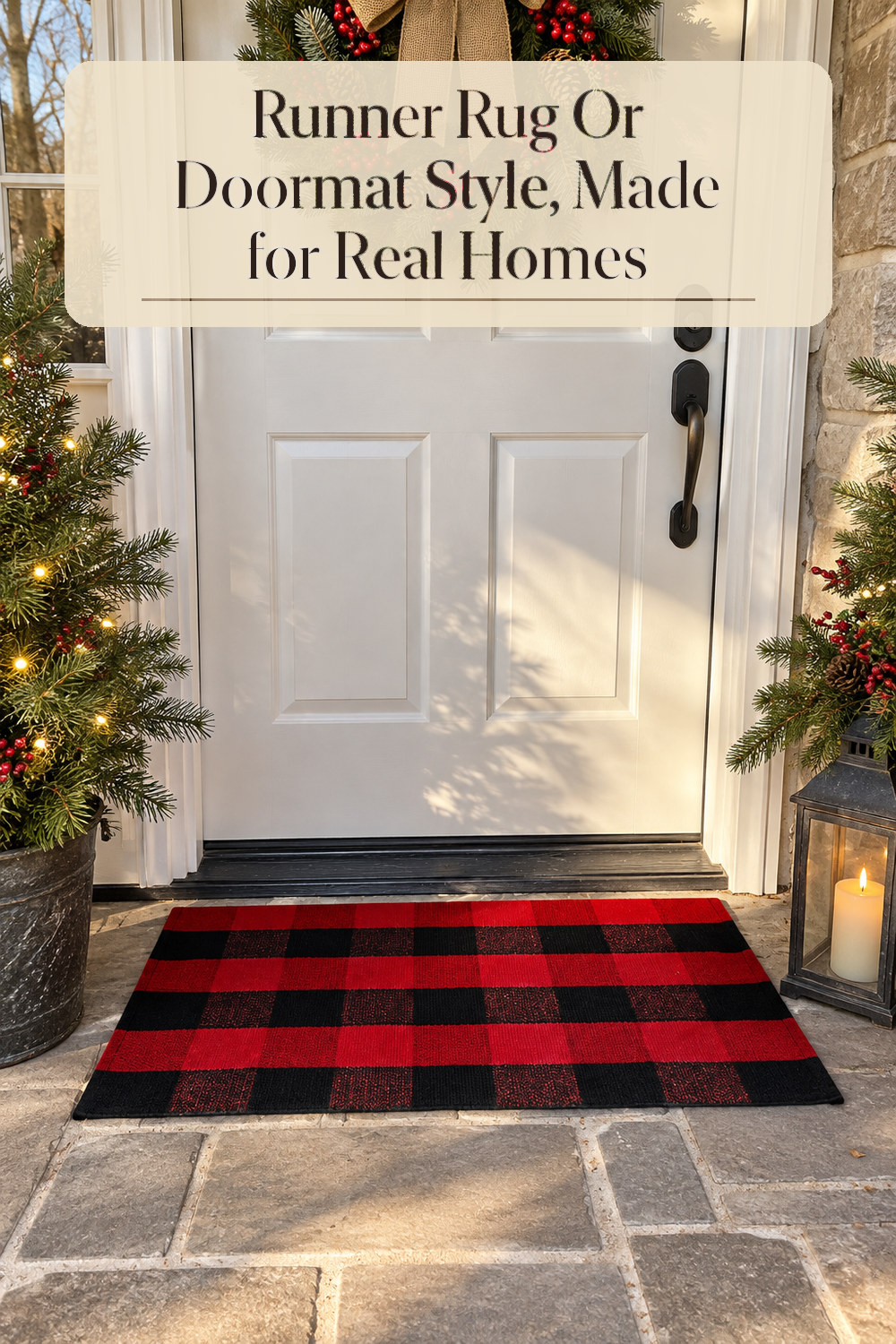 A realistic runner rug or doormat used naturally in a softly lit entryway or hallway at home.