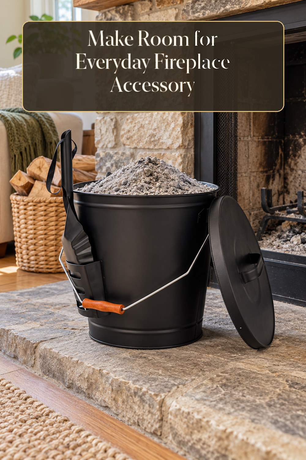 A realistic fireplace accessory used naturally in a softly lit living room hearth at home.