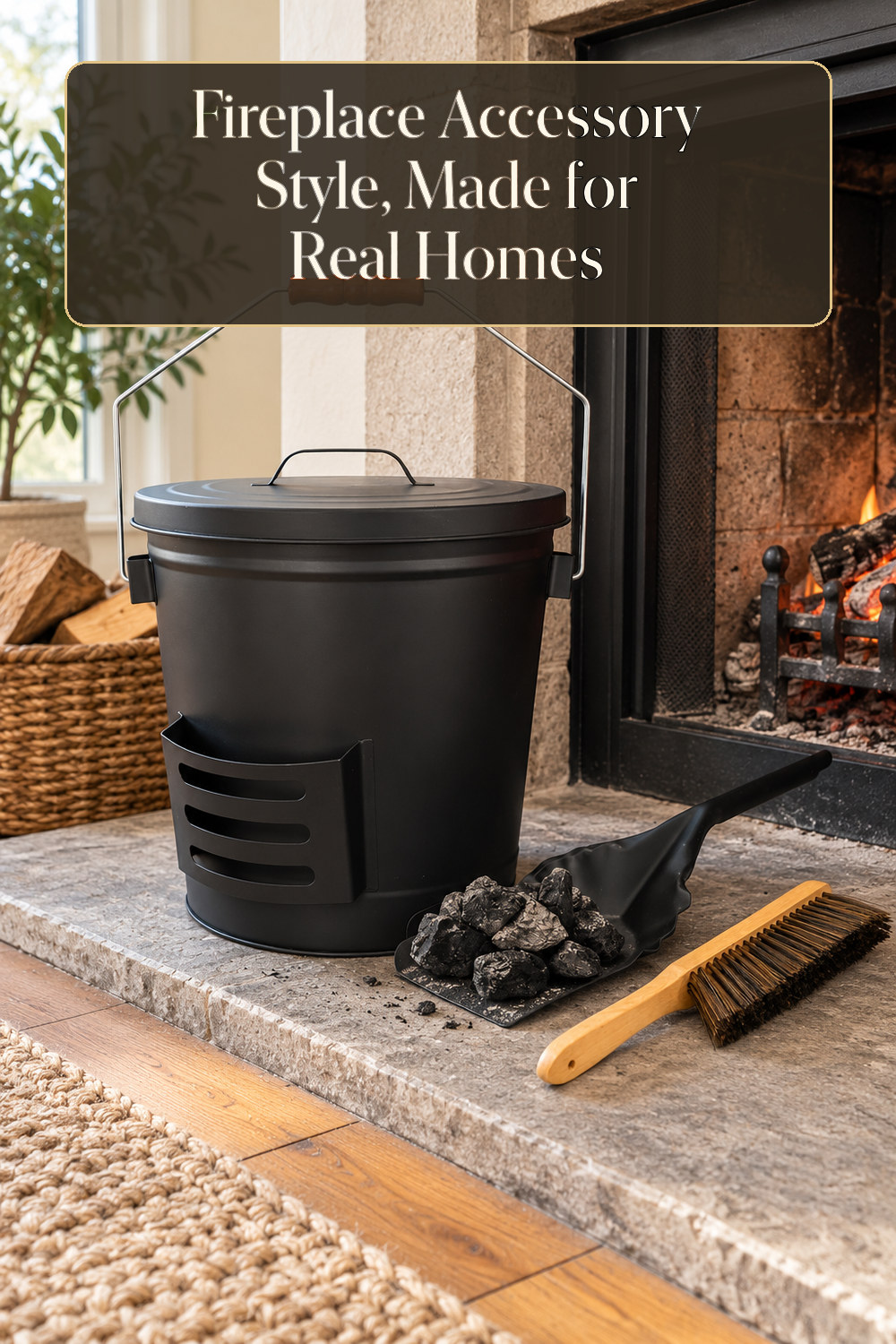 A realistic fireplace accessory used naturally in a softly lit living room hearth at home.