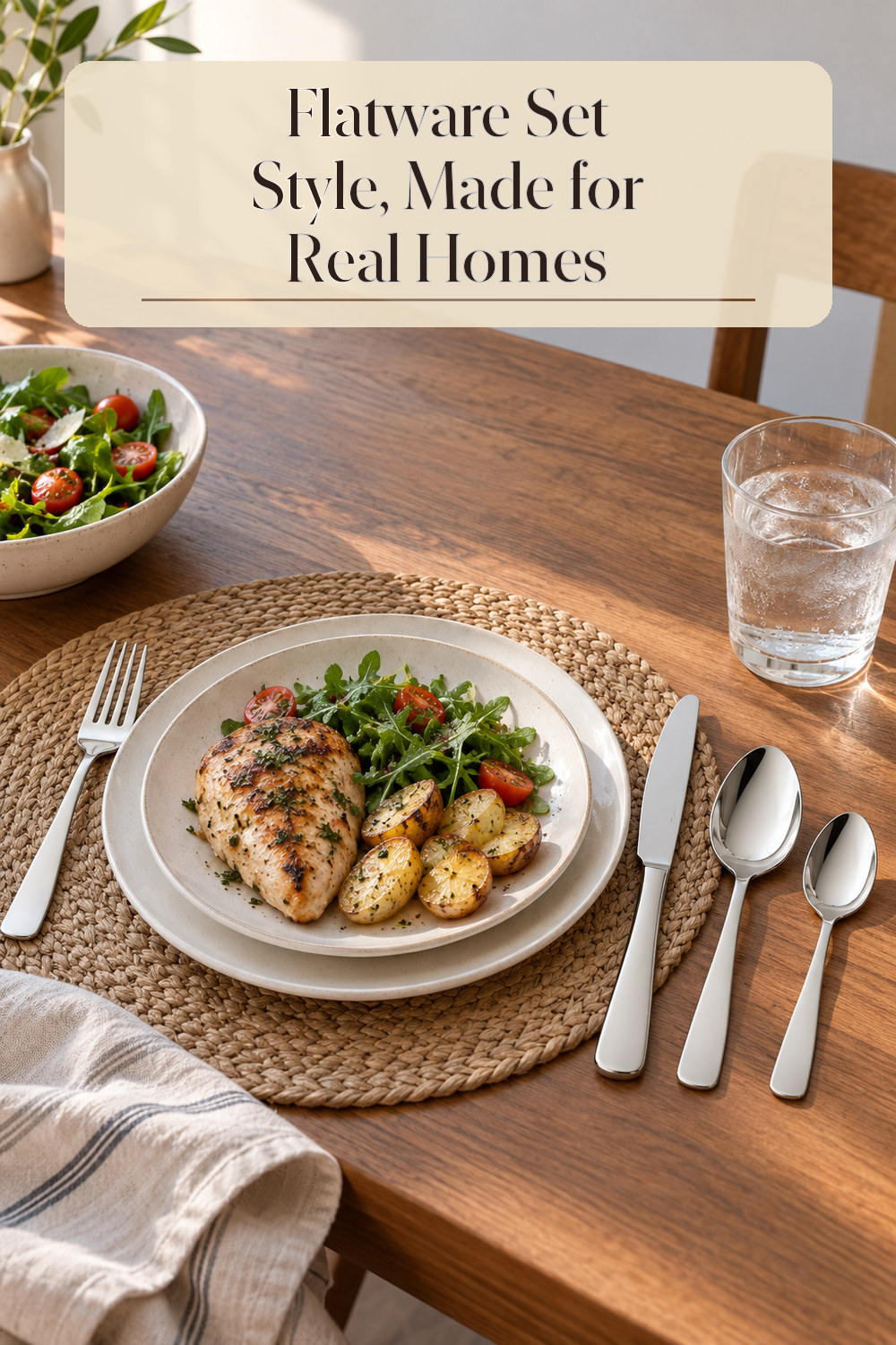 A realistic flatware set used naturally in a softly lit dining area at home.