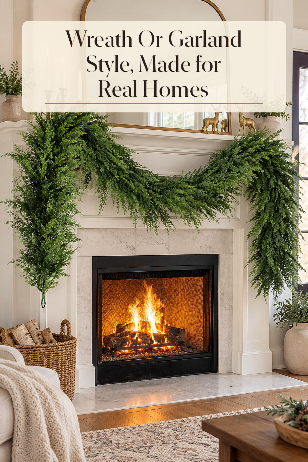 A realistic wreath or garland used naturally in a softly lit entryway or mantel at home.