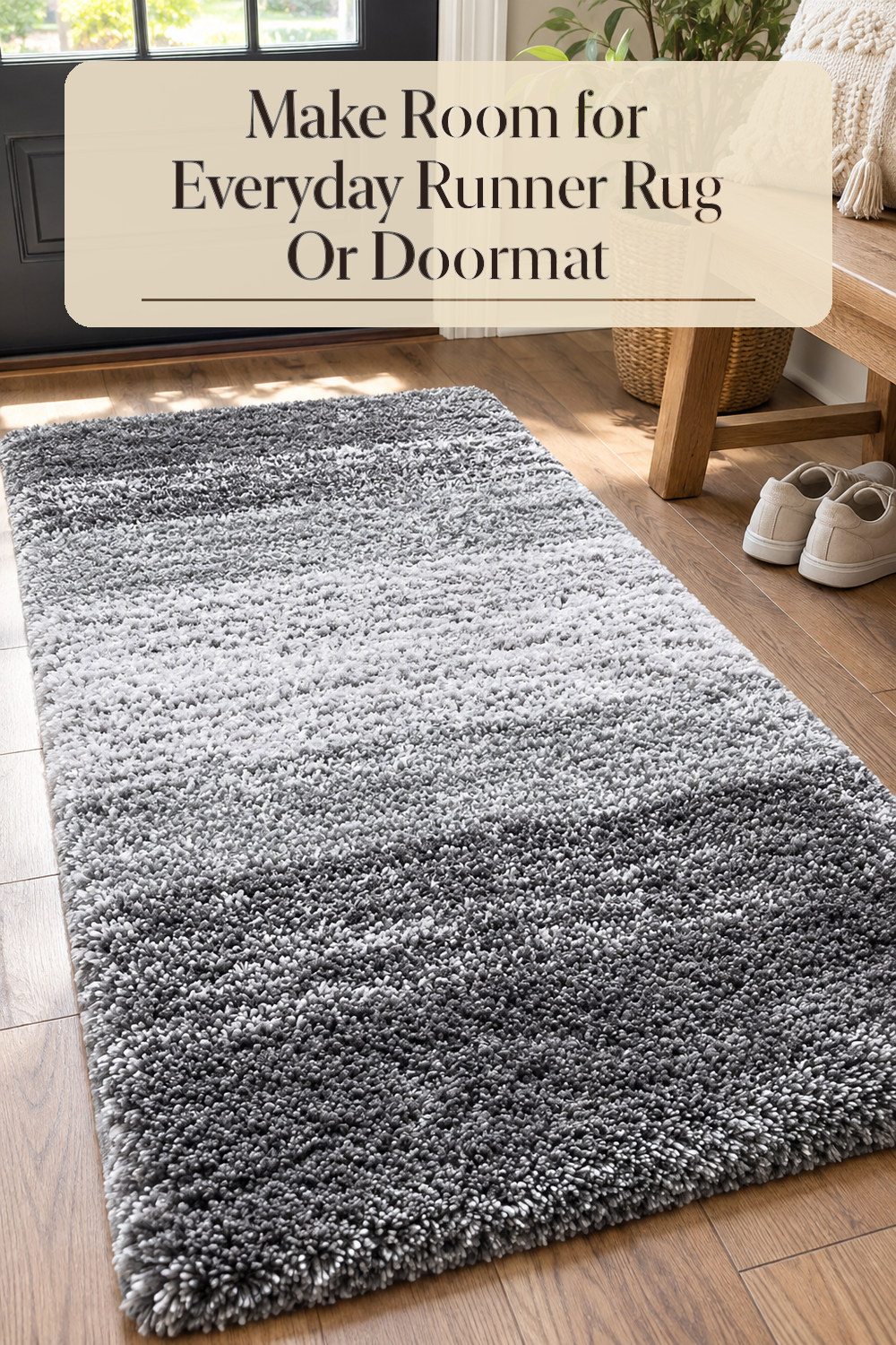 A realistic runner rug or doormat used naturally in a softly lit entryway or hallway at home.