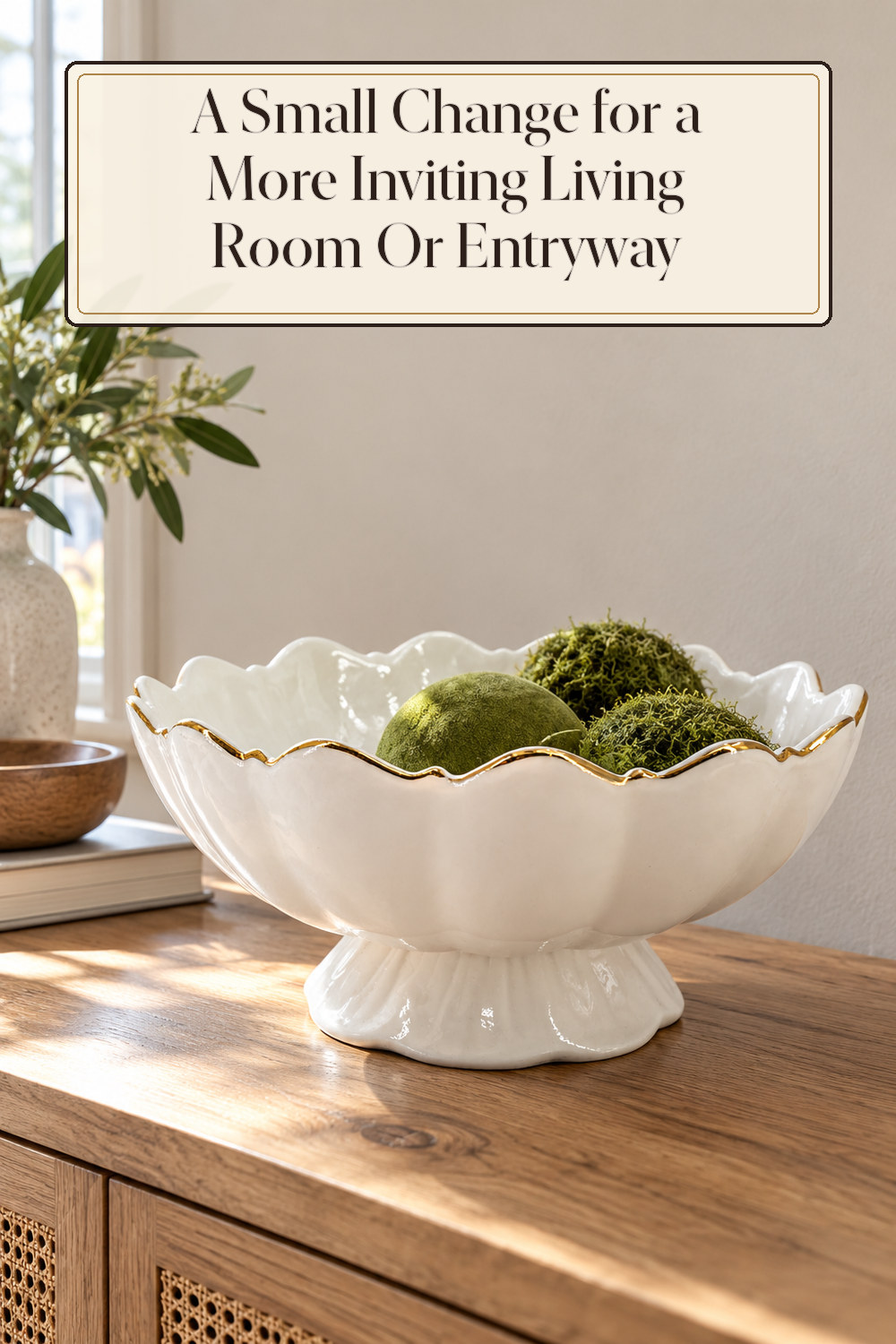 A realistic decorative bowl used naturally in a softly lit living room or entryway at home.